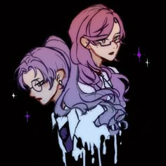 two anime characters with purple hair and glasses, one is holding the other's shoulder