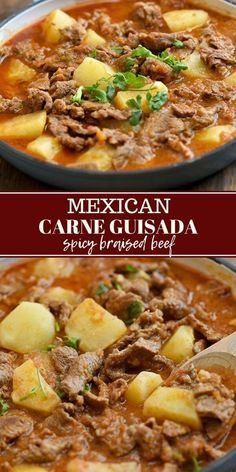 mexican carne gusada served in a bowl with potatoes and garnishes