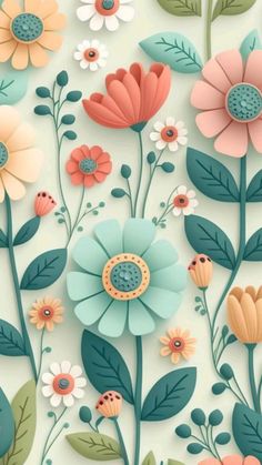 colorful flowers and leaves on a light green background with blue, pink, orange and white colors