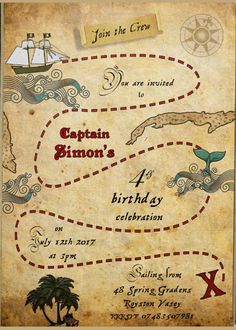 an old pirate birthday card with the name captain simon's 4 year celebration on it