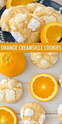 orange cremesice cookies on a plate with the words, orange cremesice cookies