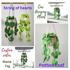 four different pictures of hanging plants made out of crochet and yarn, with the words string of hearts on them