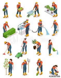 a set of people working in the garden with tools and equipment, including shovels