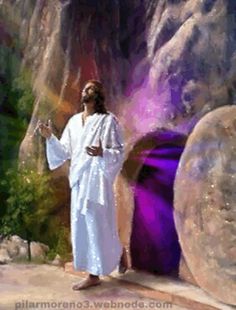 a painting of jesus standing in front of some rocks with his hands out and looking at the sky