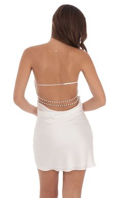 Satin Pearl Open Back Dress in White | LUCY IN THE SKY Formal Dresses White, Unique Mini Dresses, Pearl Straps, Unique Homecoming Dresses, Cute Homecoming Dresses, Open Back Dress, Sorority Outfits, Open Back Dresses, Hoco Dresses