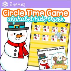 a snowman themed game with the words circle time game and an image of a snowman