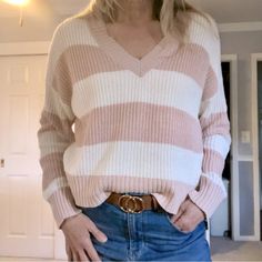 “American Eagle” Brings You This Great Sweater. It Is A Soft Cotton-Acrylic Shaker Knit Sweater. It Features A Wide Blush Pink & Creamy-White (Not Pure White!) Stripe, A V-Neck And A Rounded, Slight High-Low Bottom. It Is A Junior Size S, But It Fits Like A M (See Pics For Measurements). Pre-Loved In Excellent Condition! Pink V-neck Sweater For Winter, Trendy Pink V-neck Sweater, Pink Long Sleeve V-neck Sweater, Casual Pink Knit V-neck Sweater, Pink Knit Sweater For Layering, Pink Knit V-neck Top, Pink Soft Knit Sweater For Layering, Pink Soft Knit V-neck Sweater, Pink Soft Knit Tops For Layering