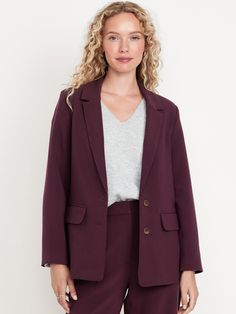 notched collar long sleeves two-button front front pockets seamed back relaxed fit hits at hip models are approx.  5'9" and wear sizes s (4), l (12), and xl (18)machine wash according to the care instruction label  . Best Holiday gift for Women , perfect Blazers for Christmas! Maroon Blazer Women, Maroon Blazer, Capsule Wardrobe Outfits, Womens Suits, Crop Blazer, Suit Style, Work Outfits Women, Old Navy Women, Notched Collar