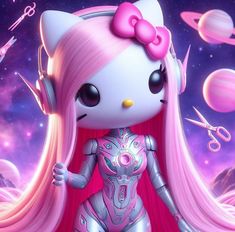 a hello kitty doll with pink hair and sci - fi outfits in front of planets