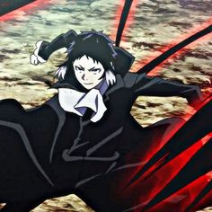 an anime character with black hair and white eyes is flying through the air in front of red light