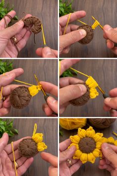 four pictures showing how to crochet a sunflower with yarn and cotton balls