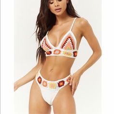 Nwt’s | Never Worn Bottoms Still Have Tags And Panty Liner Protector. Size: Large Crochet Bodysuit, Multicolor Crochet, Bodysuit Pattern, Festive Wear, Cheeky Bikinis, Crochet Bikini, Forever 21, Crochet