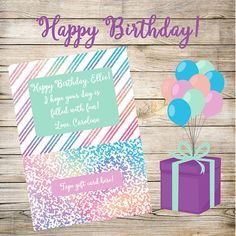 a birthday card with balloons and a gift box on a wooden background that says happy birthday