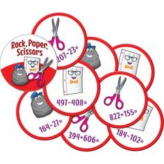 six round labels with scissors and cartoon characters on them for rock paper scissors 1017 - 1088