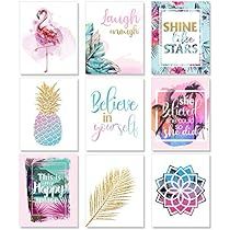 six different cards with watercolor designs and words on them, each featuring a pink flamingo