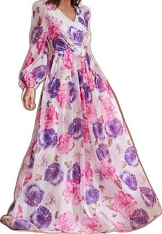 Dresses Floral, Chiffon Maxi, Chiffon Maxi Dress, Lantern Sleeve, Lantern Sleeves, Floral Print Dress, Pink Purple, Lanterns, Colorful Dresses