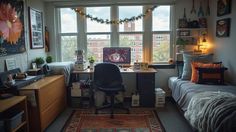 a dorm room with two beds and a desk in front of a window that has christmas lights on the windowsill