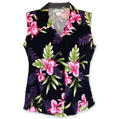 midnight hawaiian sleeveless blouse  #summerdress #sundress #tropicaldress #madeinhawaii #alohadress #hawaiiandress #floraldress Aloha Dress, Hawaii Usa, Tropical Dress, Pink Orchids, Hawaiian Dress, Shorts Pants, The Midnight, Hawaiian Style, Midnight Black