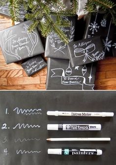 some writing on the back of a blackboard next to three markers and a christmas tree