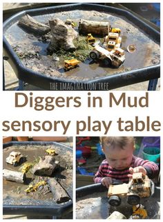 there is a collage of pictures with toys in the middle and text that reads diggers in mud sensory play table