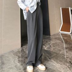 Pants Women Elegant Full Length Casual High Waist Trouser Office Temperament Autumn Pockets Korean Style All-match Female Cozy Gray Non-stretch Straight Leg Pants, Gray Non-stretch Wide Leg Workwear Pants, Gray Non-stretch Wide Leg Pants For Work, Non-stretch Gray Wide Leg Workwear Pants, Gray Solid Color Winter Bottoms, Baggy Gray Full-length Pants, Gray Baggy Full-length Pants, Baggy Solid Color Gray Pants, Casual Gray Pants For Fall