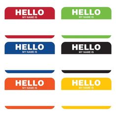 four different name tags with the words hello my name is