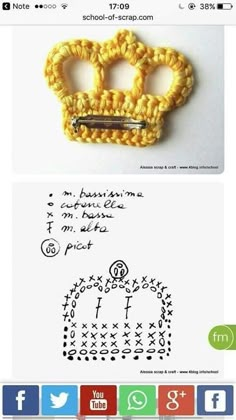 a yellow crochet brooch with words written on it and an image of the word