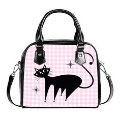 50s Retro Cat Handbag, Retro Bag, Retro Handbag, Cat Purse, Pink Gingham Purse,Women's Bags,Women's Purse,Animal Print Handbag,Small Handbag This is perfect for those who loves cats and the mid century atomic style era. A very unique retro cat print design find hand drawn by an artist I licensed artwork from, and then I placed the hand drawn work digitally onto my handbag pattern to be printed out and hand sewn. It features a single zippered top closure as well as a removable, adjustable shoulde