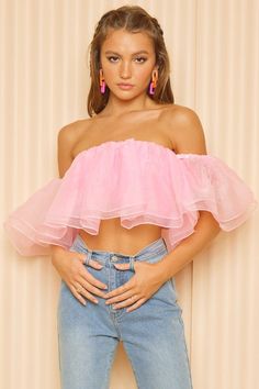 Organza Ruffled off the shoulder crop top NOTE: If your size is not available, please register your email in EMAIL ME WHEN AVAILABLE link. Organza Styles, Wide Legged Jeans, Vegas Style, Ruffle Crop Top, Small Crop Tops, Pink Tulle, Off Shoulder Top, Pink Ruffle, Shoulder Crop Top