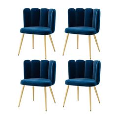 four blue velvet chairs with gold legs and wooden legs, all in different shapes and sizes