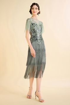 Shop 1920s Dresses - Floral Fringe Flapper Dress | BABEYOND 1920s Theme Party, Great Gatsby Theme Party, Themed Dresses, White Fringe Dress, 1920s Costume, Flapper Dresses, 1920s Dresses, Fringe Flapper Dress, Sage Green Dress