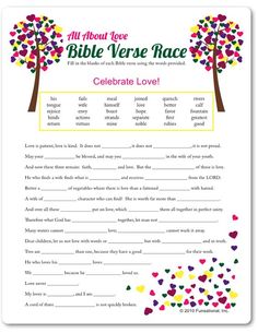 an all about love bible verse race with hearts and trees on the side, as well as