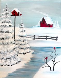 a painting of snow covered trees and a red bird on a fence post with a barn in the background