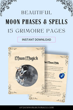 the moon phases and spells book is shown in this image with text overlaying it