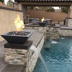 Maya Copper Fire & Water Bowl Pool Waterline, Waterline Tile, Outdoor Wood Burning Fireplace, Modern Flames, Smooth Concrete, Outdoor Gas Fireplace, Fire And Water, Backyard Entertaining, Inspire Me Home Decor