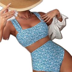 High-waist Summer Tankini For Pool, High-waist Tankini For Summer Vacation, Blue Triangle Top Tankini For Summer, Blue Swimwear For Pool In Spring, High Waist Tankini For Summer Vacation, High Waist Tankini For Summer Pool, High Waist Tankini For Pool And Summer, High Waist Tankini For Pool In Summer, White High Waisted Tankini For Beach