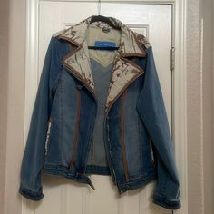 Western Bob Berg Jacket. Brand New Never Worn. It Fits Oversized. Size Small. Has Denim Material Along With Cow Print Material As Well. Each One Is Different And Unique. Would Be Cute To Wear To Nfr. Casual Patchwork Medium Wash Outerwear, Casual Denim Blue Patchwork Outerwear, Blue Western Denim Jacket, Winter Denim Jacket With Frayed Hem And Button-up Design, Trendy Button-up Denim Jacket With Double Closure, Double-breasted Denim Jacket With Button Closure, Double-breasted Denim Outerwear With Button Closure, Cow Print, Jean Coat