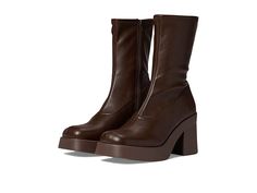 Steve Madden Klayton Boot - Women's Shoes : Brown : Dress up like a fashionista wearing the Steve Madden Klayton Boots, perfect for everyday wear. Stretchable synthetic upper. Synthetic and textile lining and insole. Zippered side closure. Mid-calf shaft height. Square toe and block heel. Synthetic outsole with high traction and durability. Imported. Measurements: Heel Height: 3 1 2 in Weight: 1 lb 4 oz Shaft: 9 in Platform Height: 1 in Product measurements were taken using size 8.5, width M. Pl Klayton Boots, Sabrina Outfits, Brown Fall Boots, Square Boots, Fall Wishlist, Brown Womens Shoes, Trendy Christmas Outfits, Clueless Outfits, Steve Madden Boots