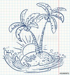 a drawing of a palm tree on an island