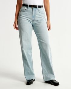 Elevate your denim collection with the Abercrombie & Fitch Women's Curve Love High Rise Loose Jean. Designed to flatter and fit perfectly, these jeans are a modern nod to early 2000s fashion, featuring a light wash and trendy raw hem.

- Size: 26 LONG
- Color: Light with Raw Hem
- Material: Cotton, TENCEL™ Lyocell
- Gender: Female
- Features: 10.5” high rise, relaxed waist and hips, loose full-length leg, lightweight rigid denim

These jeans are crafted with a unique Curve Love fit, offering ext High Rise Light Blue Cotton Flare Jeans, High-rise Light Blue Cotton Flare Jeans, Faded Straight Bottoms For Spring, Spring Light Wash Straight Flare Jeans, Straight Faded Bottoms For Spring, Spring Light Wash Flare Jeans, High Rise Light Wash Cotton Flare Jeans, Light Wash Full Length Cotton Flare Jeans, High Rise Light Wash Cotton Jeans