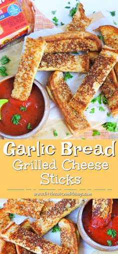 garlic bread grilled cheese sticks with ketchup and parsley on the side