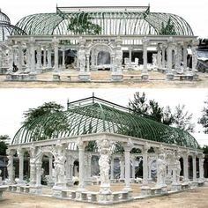 two pictures of the same building in different stages of being painted white and then covered with green leaves