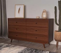 a wooden dresser sitting next to a cactus in a living room on top of a rug