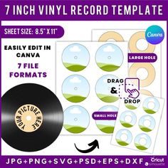 an image of cd and dvd labels with the text, 7 inch vinyl record template