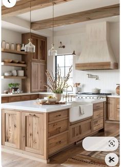 a kitchen with wooden cabinets and white counter tops