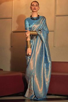 Buy Silk Blend Blue Woven Design Handloom Saree  Online Blue Sari, Orang India, Saree Styling, Blue Silk Saree, Dresses Traditional, Saree Designs Party Wear, Indian Dresses Traditional, Blue Saree, Trendy Sarees