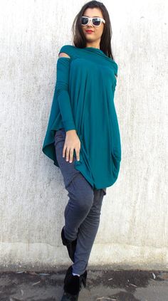 Flared Teal Viscose Tunic / Plus Size Asymmetrical Flared by Teyxo Green Long Sleeve Tunic For Fall, Green Tunic Top For Fall, Casual Stretch Tunic For Fall, Casual Fall Tunic, Casual Green Tops With Asymmetrical Hem, Flowy Lagenlook Top For Fall, Casual Green Tunic For Fall, Casual Fall Tunic With Asymmetrical Hem, Casual Fitted Tunic With Asymmetrical Hem