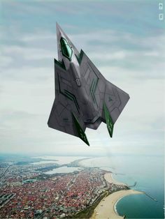 a futuristic fighter jet flying through the air over a cityscape and beach area