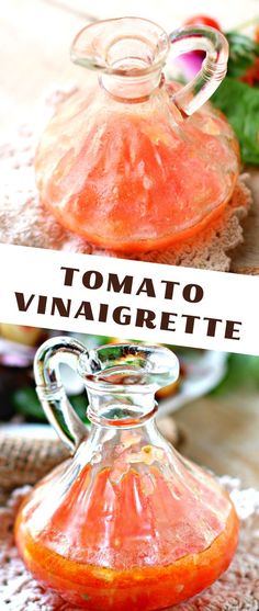 there is a small glass pitcher on top of a doily that says tomato vinaigrette