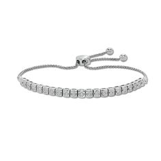 You’ll adore the sparkling and elegant look of this diamond line bolo bracelet. 10K white gold Features a row of 1/20 ct. diamonds, each shimmering in a square-shaped setting 1 ct. t.w. of diamonds 9.0-inch adjustable wheat chain bracelet; bolo clasp Adjustable Diamond White Tennis Bracelet, Adjustable Sterling Silver Tennis Bracelet With Brilliant Cut, Dazzling Adjustable White Gold Tennis Bracelet, Adjustable Dazzling White Gold Tennis Bracelet, Anniversary Diamond Bracelet With Adjustable Chain, Fine Jewelry Diamond Bracelet With Adjustable Chain For Anniversary, Adjustable Diamond Bracelet Fine Jewelry, Adjustable Dazzling Diamond Bracelets, Adjustable Diamond Bracelets Fine Jewelry